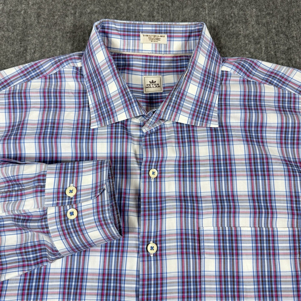 Peter Millar Men XXL Plaid Shirt Blue Pink Brown 100% Cotton